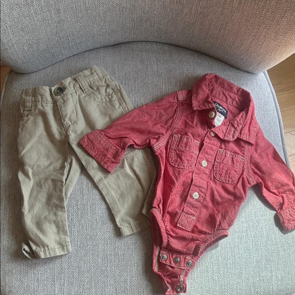 Osh Kosh Baby Red Button-Up Baby Bodysuit and Tan Pants Set